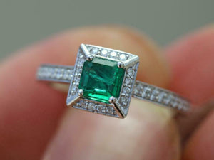 1.8ct Engagement Ring Princess Cut Green Emerald Diamond Halo 14k WhiteGold Over