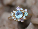 2ct Engagement Ring Round Cut Blue Aquamarine Cluster 14k Yellow Gold Finish