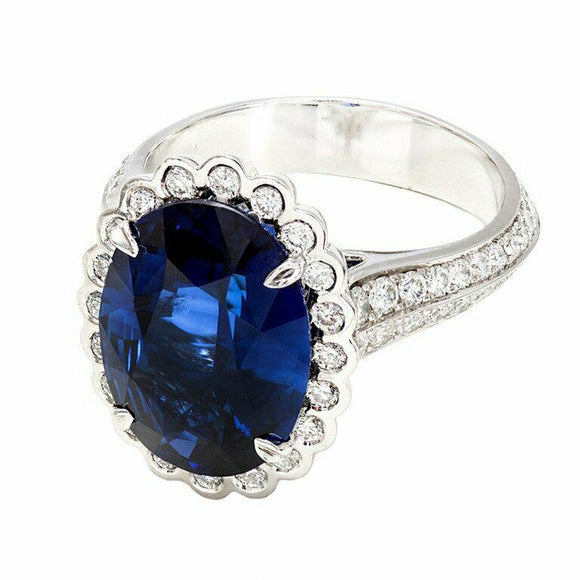 3ct Oval Cut Blue Sapphire Engagement Ring Halo Round Accent 14k White Gold Over