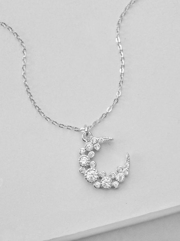 1ct Diamond Pendant with Chain Round Cut Moon Crescent 14k White Gold Finish