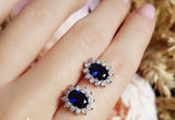 2ct Oval Cut Blue Sapphire Diamond Halo Cluster Stud Earrings 14k WhiteGold Over