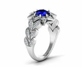 2.5ct Round Cut Blue Sapphire Flower Leaves Engagement Ring 14k WhiteGold Finish