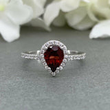 2ct Pear Cut Red Garnet Accents Solitaire Engagement Ring 14k White Gold Finish