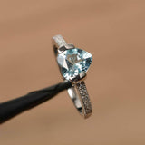 1ct Heart Cut Aquamarine Solitaire with Round Accent Ring 14k White Gold Finish