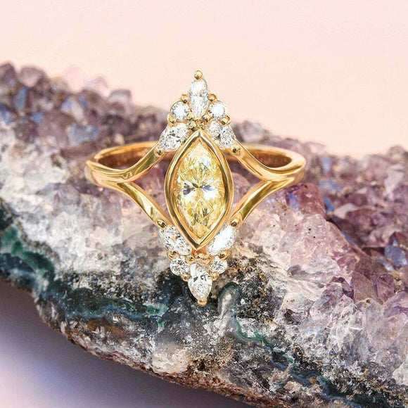 2ct Marquise Yellow Sapphire Split Band Crown Art Deco Ring 14k Yellow Gold Over