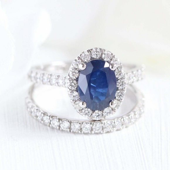 2.5ct Oval Cut Blue Sapphire Engagement Ring Halo Bridal Set 14k White Gold Over