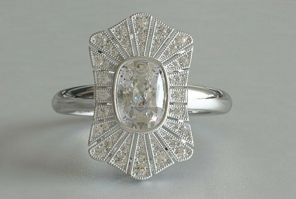 3ct Cushion Cut Diamond Engagement Ring Vintage Art Deco 14k White Gold Finish