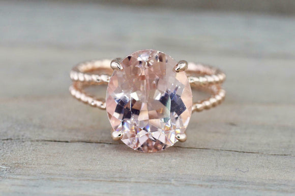 4ct Oval Cut Peach Morganite Solitaire Split Beaded Band Ring 14k Rose Gold Over