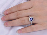 1.2ct Round Cut Blue Sapphire Engagement Ring 14k White Gold Finish Halo Bridal