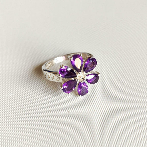 3ct Engagement Ring Pear Cut Purple Amethyst Floral Solitaire 14k WhiteGold Over