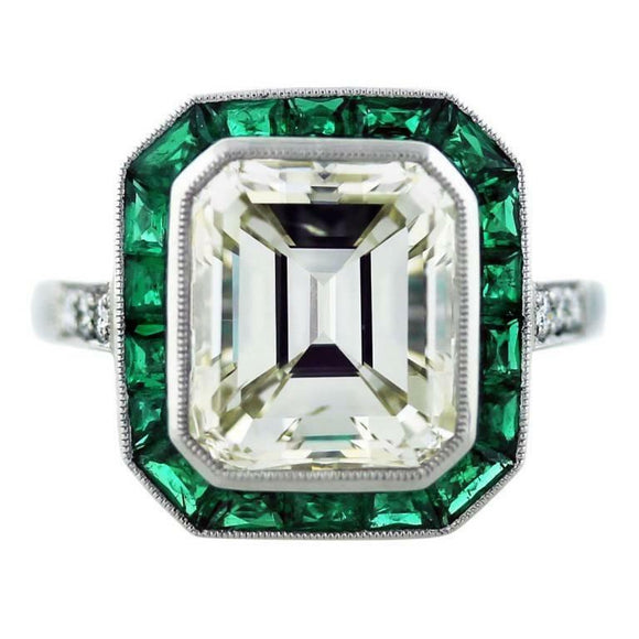 4Ct Emerald Diamond Emerald Vintage Art Deco Engagement Ring 18K White Gold Over