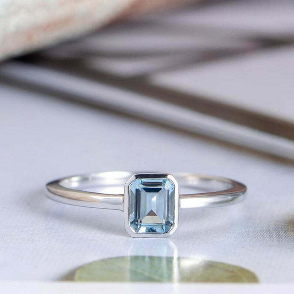 1ct Emerald Cut Blue Aquamarine Engagement Ring Solitaire 14k White Gold Finish