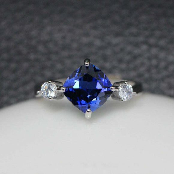 1.7ct Cushion Cut Blue Sapphire Engagement Ring Trilogy 14k White Gold Finish