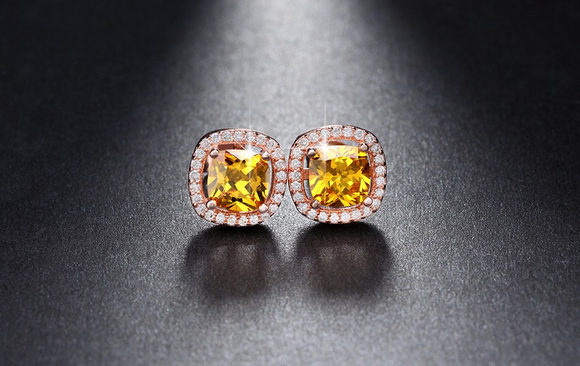 2ct Cushion Cut Yellow Citrine Halo Solitaire Stud Earrings 18k Rose Gold Finish