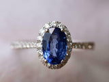 2.4ct Engagement Ring Oval Blue Sapphire Round Accent Halo 14k White Gold Finish