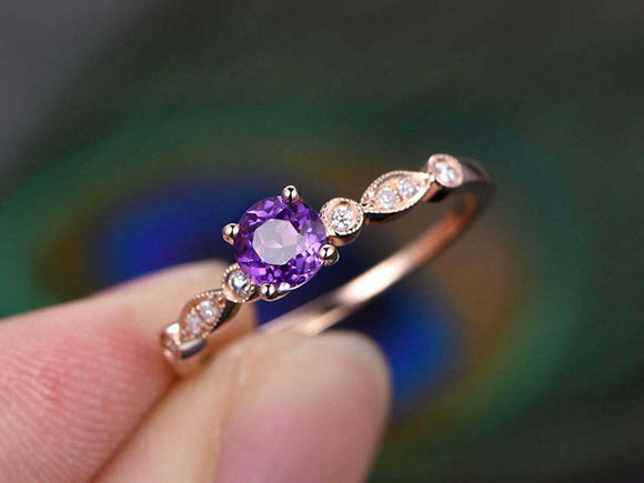 1.2ct Round Cut Purple Amethyst Solitaire with Accents Ring 14k Rose Gold Finish