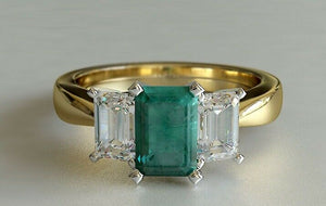 3ct Green Emerald Cut Engagement Ring Trilogy Diamond Accent 14k Dual Gold Over