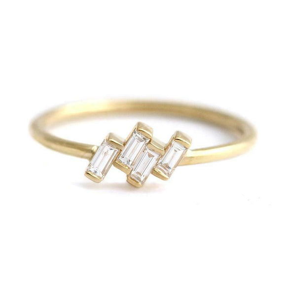 0.3ct Baguette Diamond Tilted Composition Minimalist Ring 14k Yellow Gold Finish