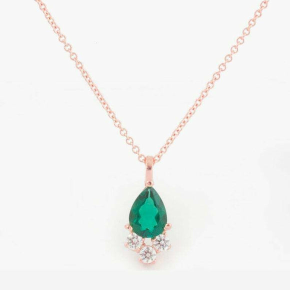 1ct Green Emerald Pear Cut Round Diamond Pendant with Chain 14k Rose Gold Finish