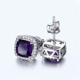 2ct Cushion Cut Purple Amethyst Halo Diamond Stud Earrings 14k White Gold Finish