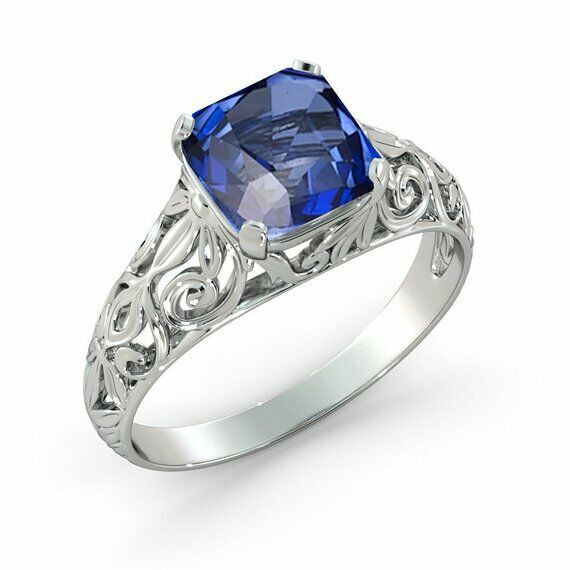 1.2ct Cushion Cut Blue Sapphire Filigree Engagement Ring 14k White Gold Finish