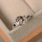 2ct Oval Cut Peach Morganite Baguette Accents Trilogy Ring 14k White Gold Finish