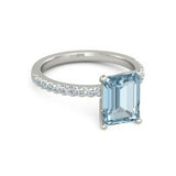 4Ct Emerald Cut Blue Aquamarine Round Diamond Accents Ring 14K White Gold Finish