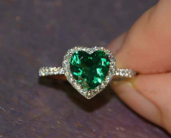 1.75ct Engagement Ring Heart Cut Green Emerald Halo 14k White Gold Finish