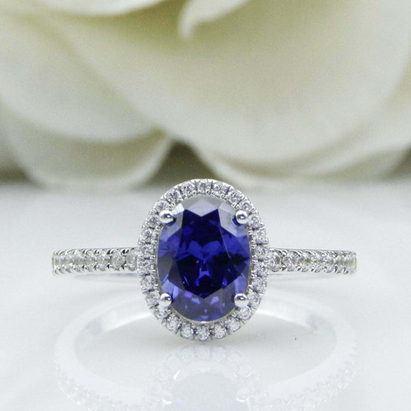 2.4ct Oval Cut Blue Sapphire Round Accents Diamond Halo Ring 14k White Gold Over