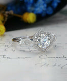 2ct Round Cut Diamond Engagement Ring 14k White Gold Over Milgrain Hexagon Shape