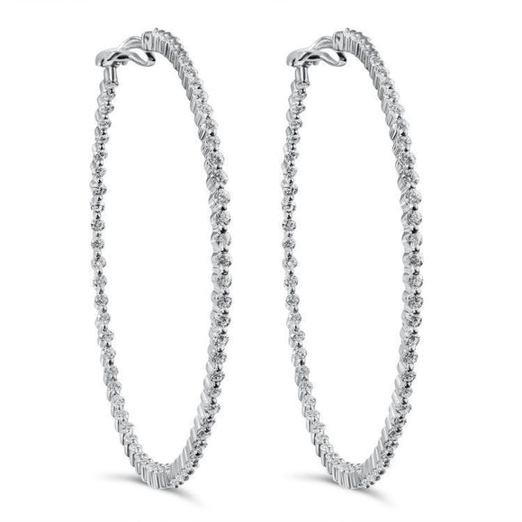 2ct Round Cut Diamond Single Shared Prong Hoop Earrings 14k White Gold Finish