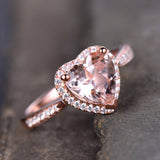 1ct Heart Cut Peach Morganite Halo Solitaire Engagement Ring 18k RoseGold Finish