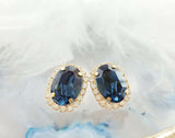 1.8ct Oval Cut Blue Sapphire Halo Elegant Stud Earrings 14k Yellow Gold Finish