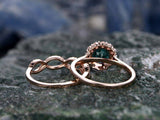 3Ct Round Cut Green Emerald Bridal Set Halo Floral Ring Band 14K Rose Gold Over