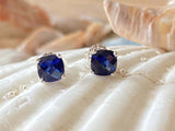 1ct Stud Earrings Cushion Cut Blue Sapphire Solitaire Women 14k White Gold Over