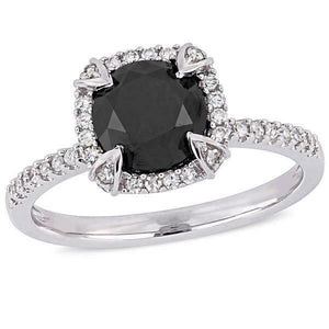 2Ct Round Cut Black Diamond Solitaire Halo Engagement Ring 14K White Gold Finish