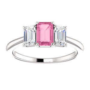 2.5ct Emerald Cut Pink Sapphire Trilogy Engagement Ring 14k White Gold Finish