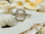 2.7ct Engagement Ring Emerald Cut Diamond Split Shank Halo 14k White Gold Finish