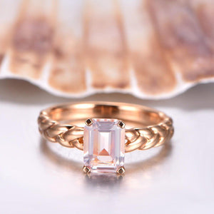 1.2ct Emerald Cut Peach Morganite Braided Engagement Ring 14k Rose Gold Finish