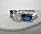 3.2ct Round Cut Diamond and Blue Sapphire Trilogy Ring 14k White Gold Finish