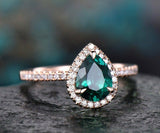 1.3Ct Pear Cut Green Emerald Halo Solitaire Engagement Ring 18K Rose Gold Finish