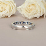 1.5ct Round Blue Sapphire Wedding Band Vintage Half Eternity 14k White Gold Over