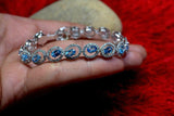 18ct Oval Cut Blue Topaz Diamond Halo Women Tennis Bracelet 14k White Gold Over