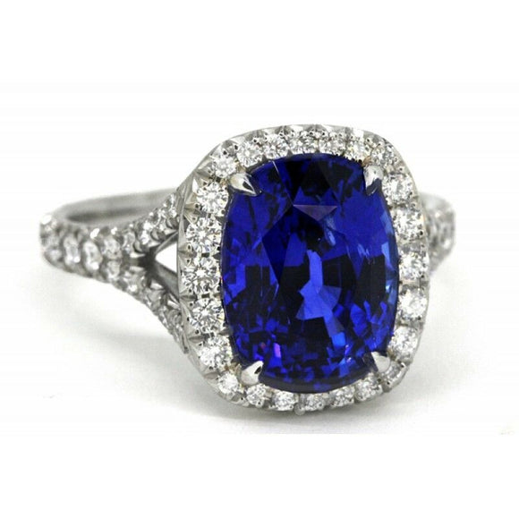 2ct Oval Cut Blue Sapphire Split Band Halo Engagement Ring 14k White Gold Finish