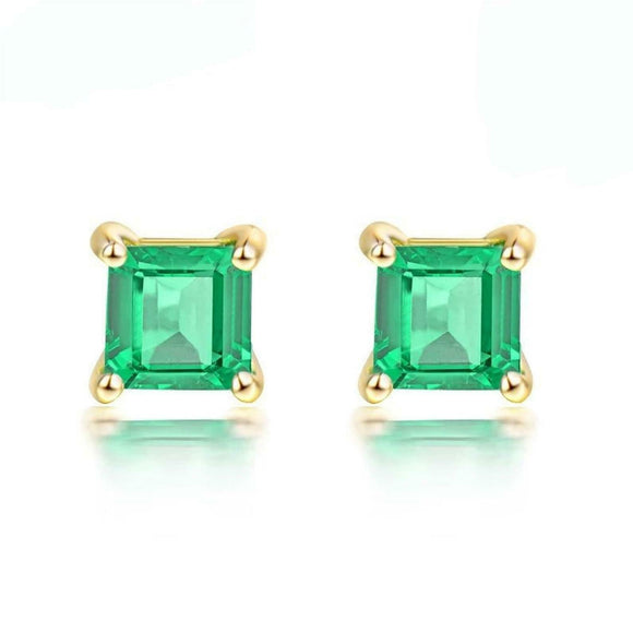 2ct Stud Earrings Princess Cut Green Emerald Solitaire 14k Yellow Gold Finish