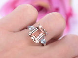 5ct Emerald Cut Peach Morganite Engagement Ring Trilogy 14k White Gold Finish