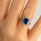 2ct Cushion Cut Blue Sapphire Diamond Halo Solitaire Ring 14k White Gold Finish