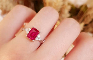 1.5ct Emerald Cut Pink Ruby Engagement Ring 14k WhiteGold Finish Trilogy Promise