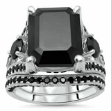 5Ct Emerald Cut Black Diamond Accents Milgrain Bridal Set 14K White Gold Finish