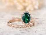 4Ct Oval Cut Green Emerald Bridal Set Halo Engagement Ring 14K Rose Gold Finish